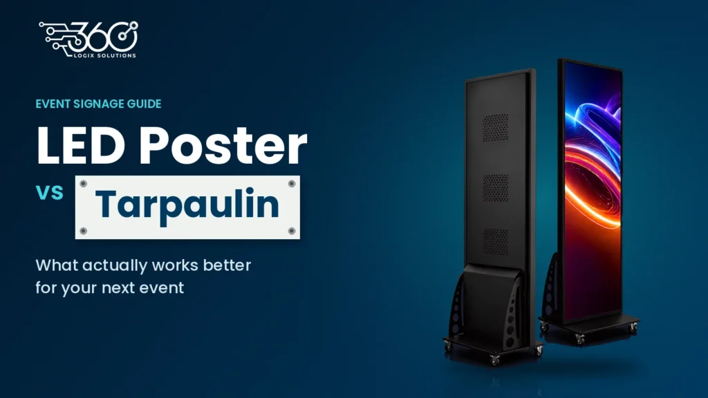 LED poster vs tarpaulin: the Logix Pixel LED Poster shown front and back on a navy background