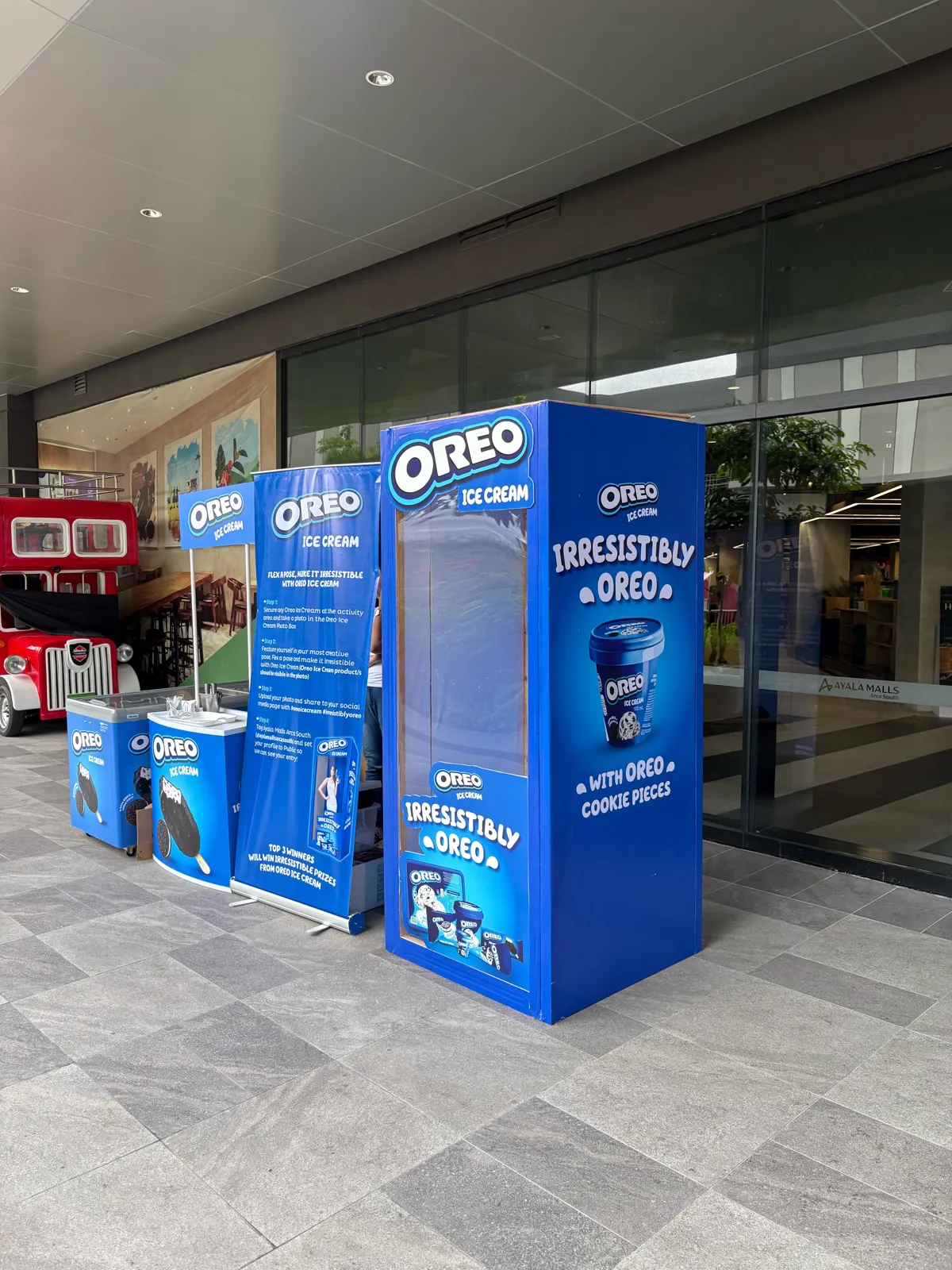 Oreo Ice Cream brand activation booth at Ayala Malls Arca South with photo box, banners and freezer cart