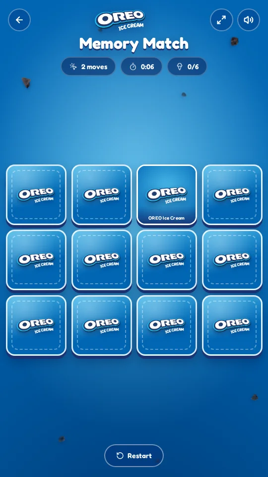 Oreo Memory Match board with twelve face-down Oreo Ice Cream cards, move counter and timer