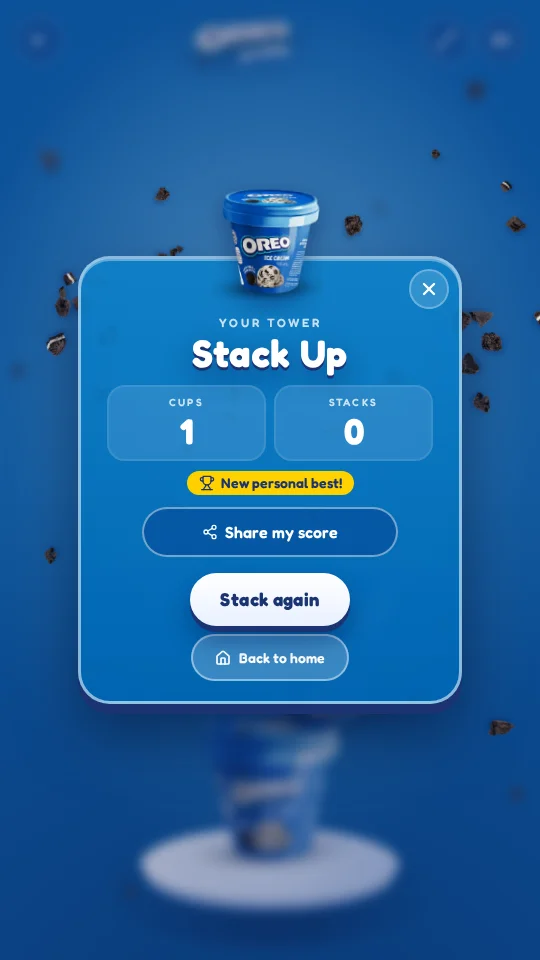 Oreo Stack Up how-to-play screen with three steps and a Start stacking button
