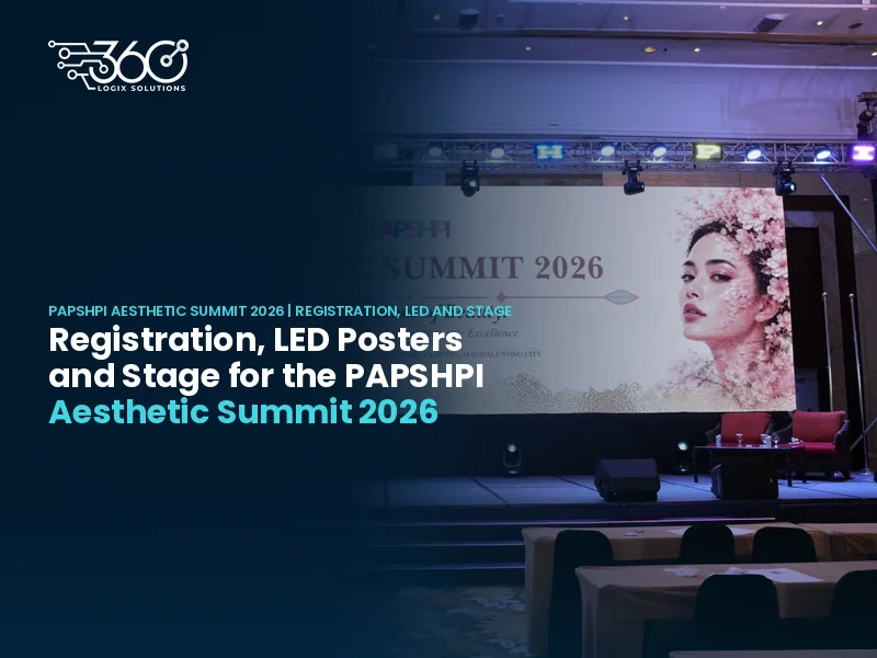 PAPSHPI Aesthetic Summit 2026 stage LED wall and lighting truss with the headline "Registration, LED Posters and Stage for the PAPSHPI Aesthetic Summit 2026" and the 360 Logix logo.