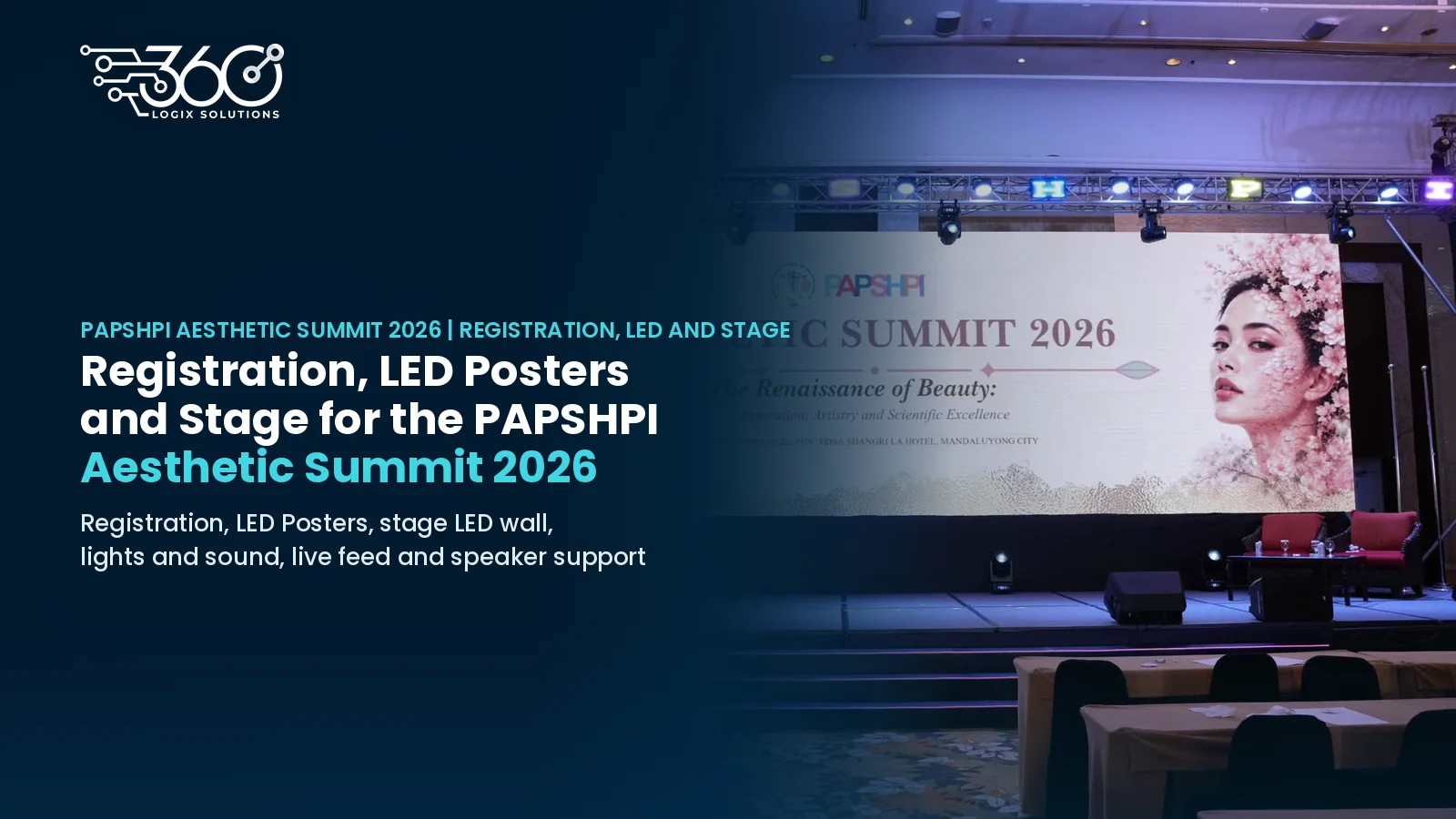 Stage LED wall showing the PAPSHPI Aesthetic Summit 2026 key visual under a lighting truss, with stage speakers, beside the headline "Registration, LED Posters and Stage for the PAPSHPI Aesthetic Summit 2026" and the 360 Logix logo.