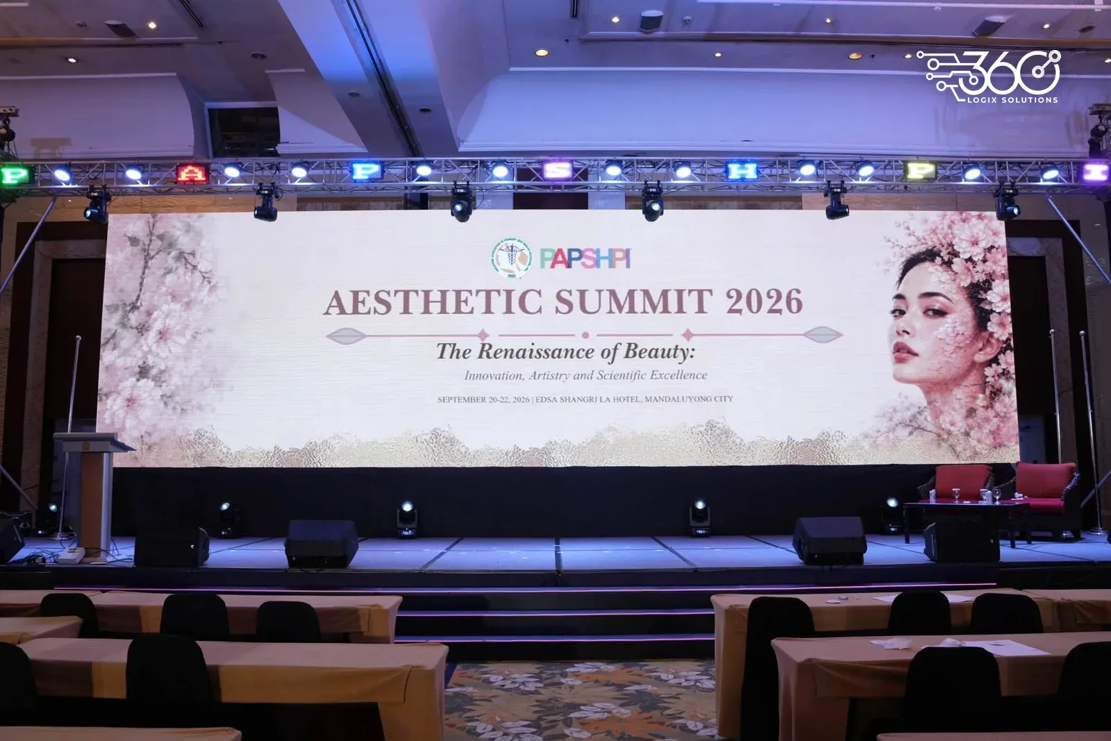 Medical convention event production at PAPSHPI Aesthetic Summit 2026: stage LED wall showing "The Renaissance of Beauty", truss lights and speakers.