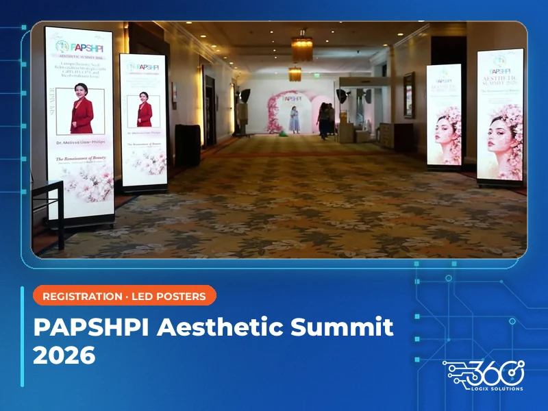 PAPSHPI Aesthetic Summit 2026 stage LED wall and lighting truss with the headline "Registration, LED Posters and Stage for the PAPSHPI Aesthetic Summit 2026" and the 360 Logix logo.