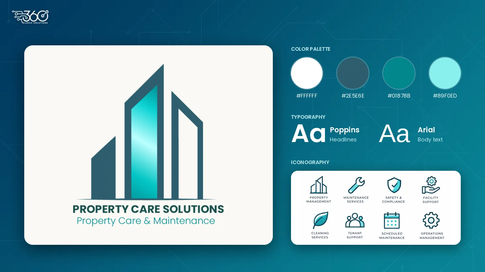 Property Care Solutions brand identity by 360 Logix: the PCS building logo with the tagline Property Care & Maintenance, beside the brand color palette, Poppins and Arial typefaces and the custom service icons
