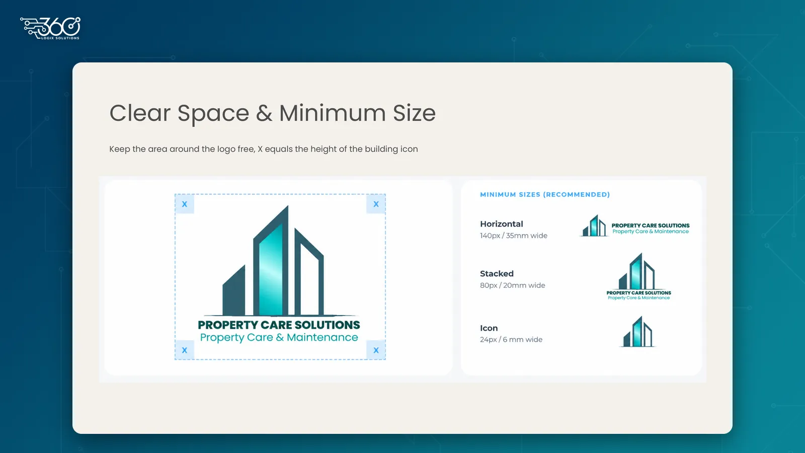 Property Care Solutions logo clear space and minimum sizes from the brand kit designed by 360 Logix