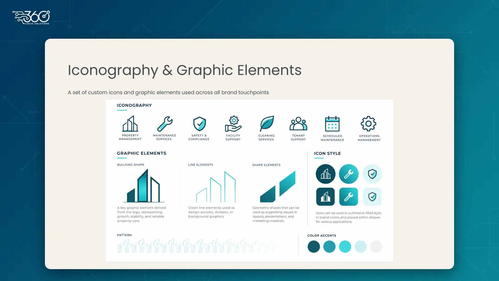 Property Care Solutions icons and graphic elements from the brand kit designed by 360 Logix: eight service icons, building and line shapes, icon styles, a building pattern and color accents