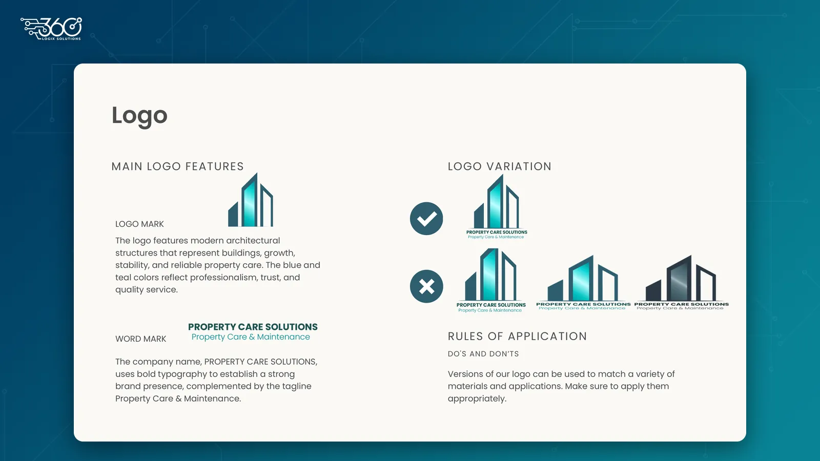Property Care Solutions logo page from the brand kit designed by 360 Logix, showing the logo mark, the word mark, the approved logo version and examples of incorrect versions