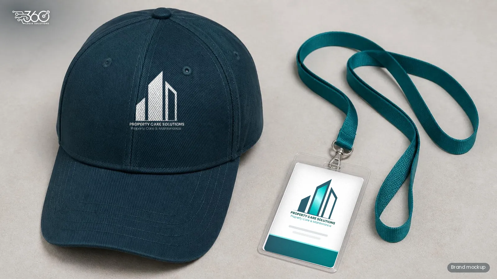 Brand mockup of the Property Care Solutions logo on a dark blue cap and a white ID card on a teal lanyard, designed by 360 Logix