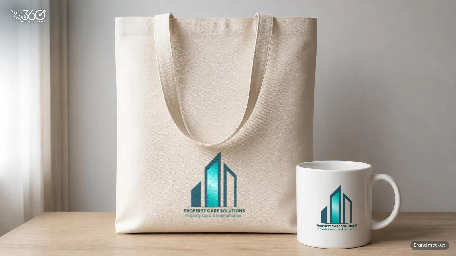Brand mockup of the Property Care Solutions logo on a natural canvas tote bag and a white ceramic mug, designed by 360 Logix