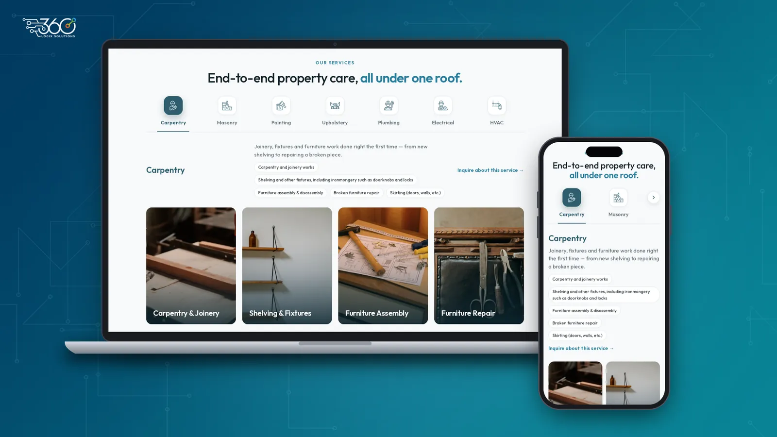 Our Services section of the Property Care Solutions website on a laptop and phone, with tabs for carpentry, masonry, painting, upholstery, plumbing, electrical and HVAC and the carpentry services list