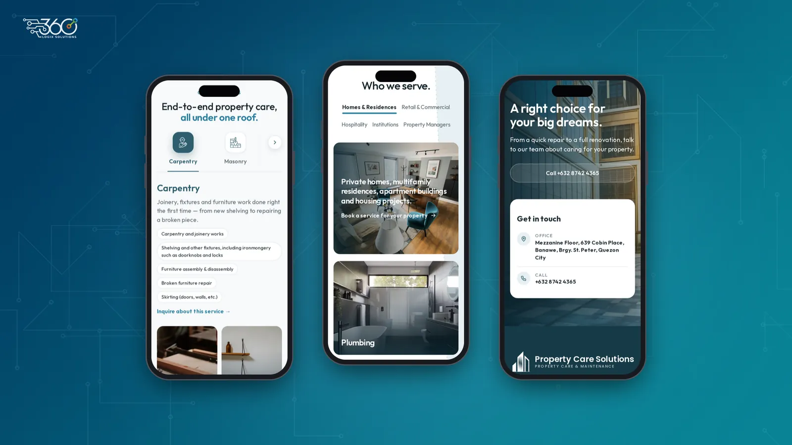 Three phones showing the mobile Property Care Solutions website: the service tabs, the Who we serve section and the contact section with the call button and office address