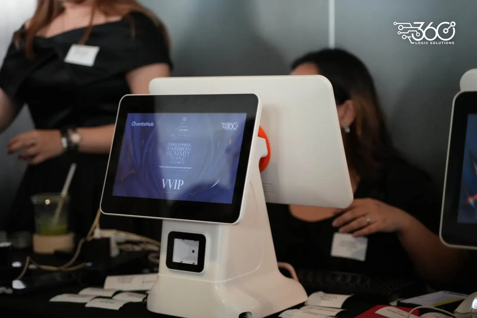 Check-in kiosk showing a VVIP screen at the VIP lane, with printed passes on the counter, at the 9th Philippine Fashion Summit