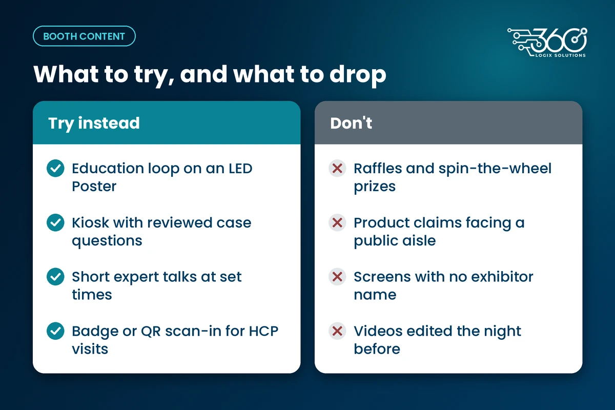 Pharma booth design chart: try education loops, reviewed kiosks and talks; drop raffles and product claims on public aisles