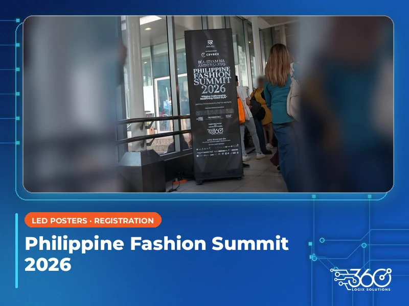 Self check-in kiosks at the 9th Philippine Fashion Summit registration counter with our staff on hand, plus the headline and the 360 Logix logo