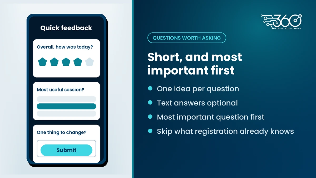 Three survey questions on a phone screen: overall rating, most useful session and one thing to change