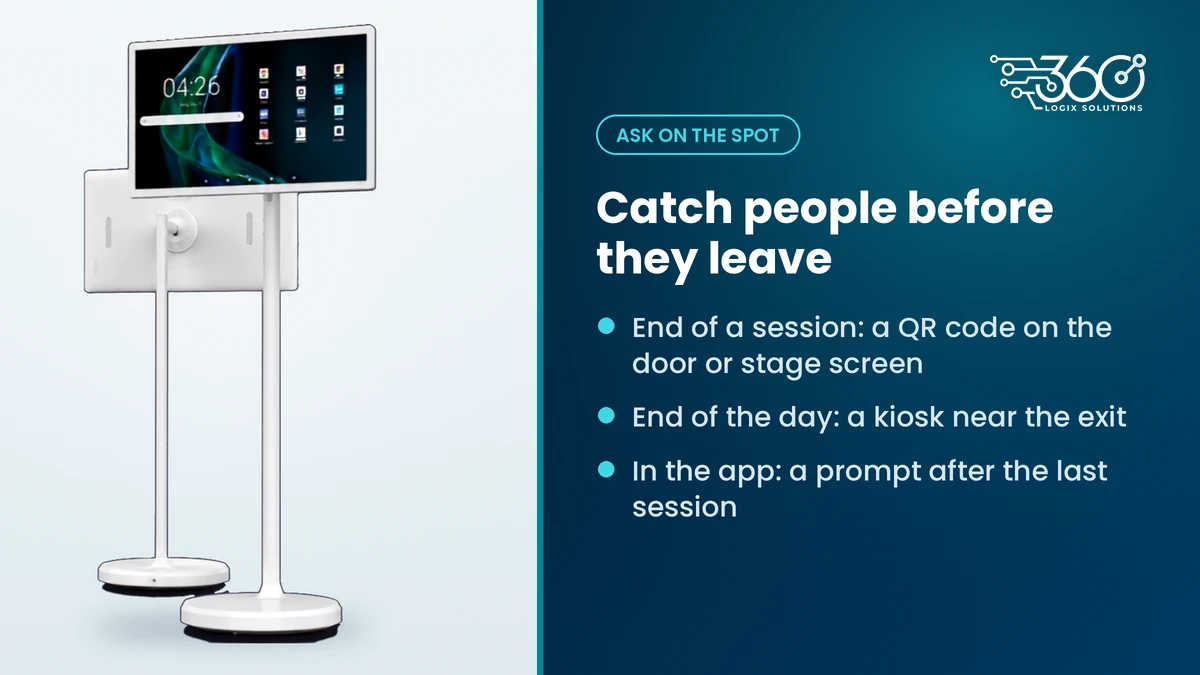 Vision 22" Digital Display beside three moments to ask for feedback: end of a session, end of the day and an in-app prompt