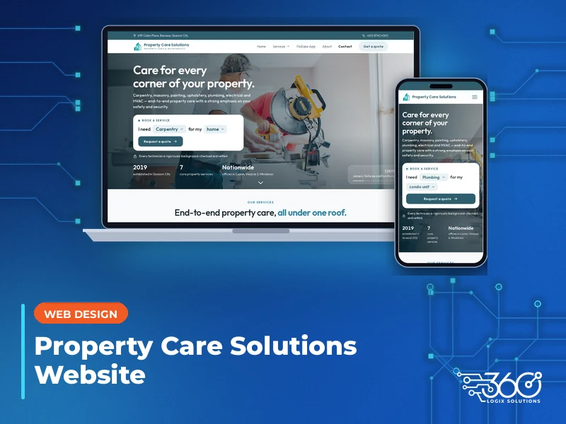 Property Care Solutions website on a laptop and a phone, with the 360 Logix logo