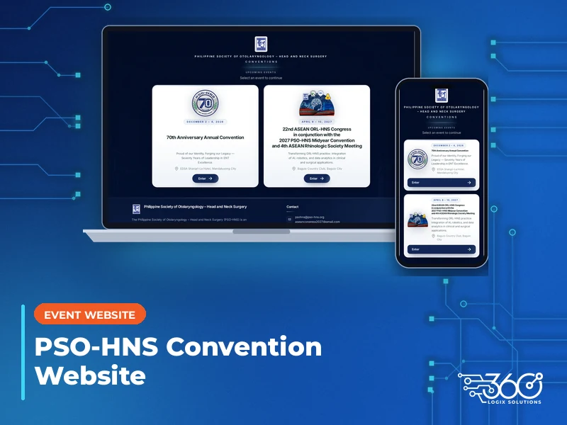 Laptop and phone showing the PSO-HNS 70th Anniversary Annual Convention website, with the 360 Logix logo