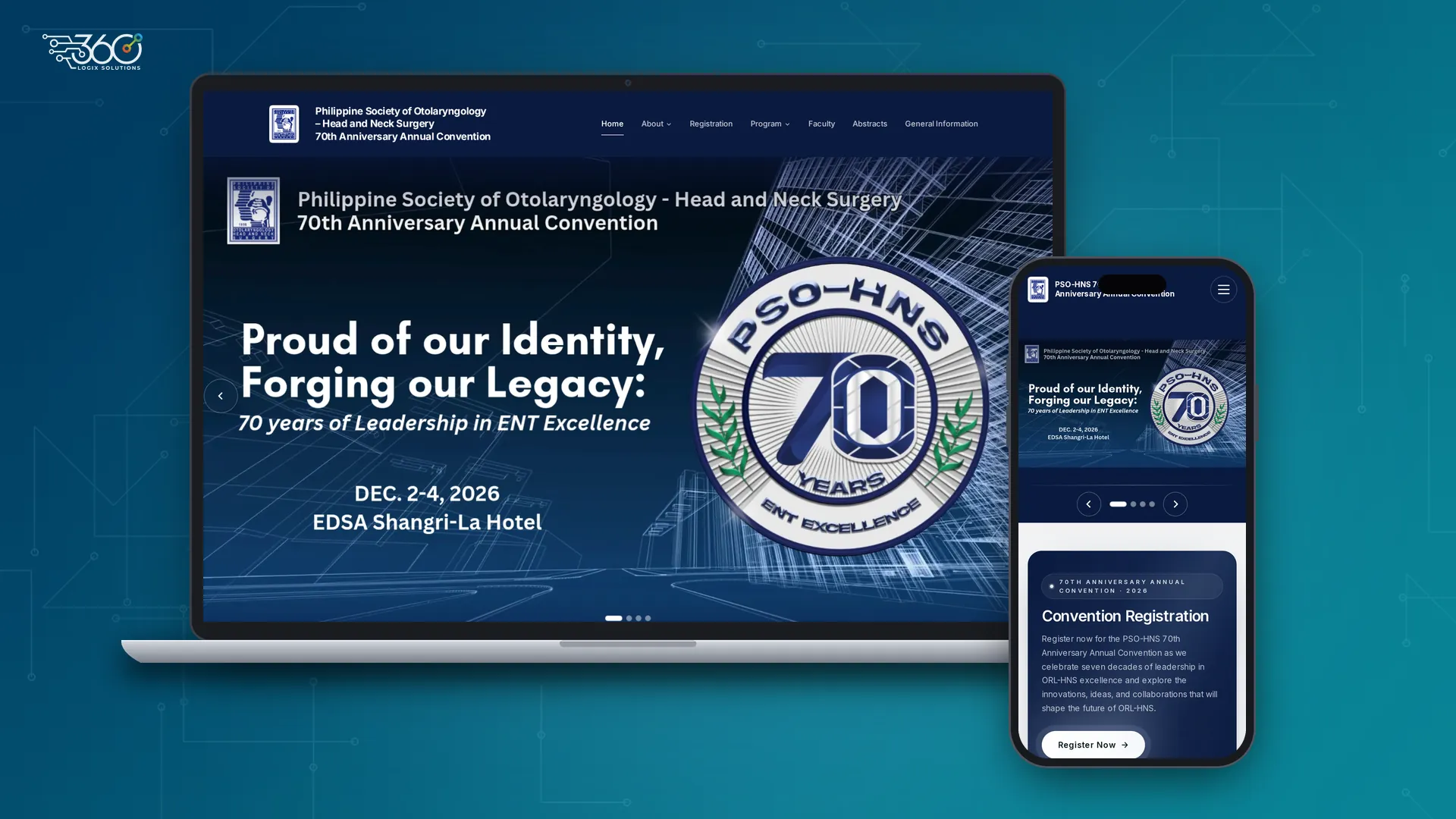 Laptop and phone showing the PSO-HNS 70th Anniversary Annual Convention website, with the 360 Logix logo