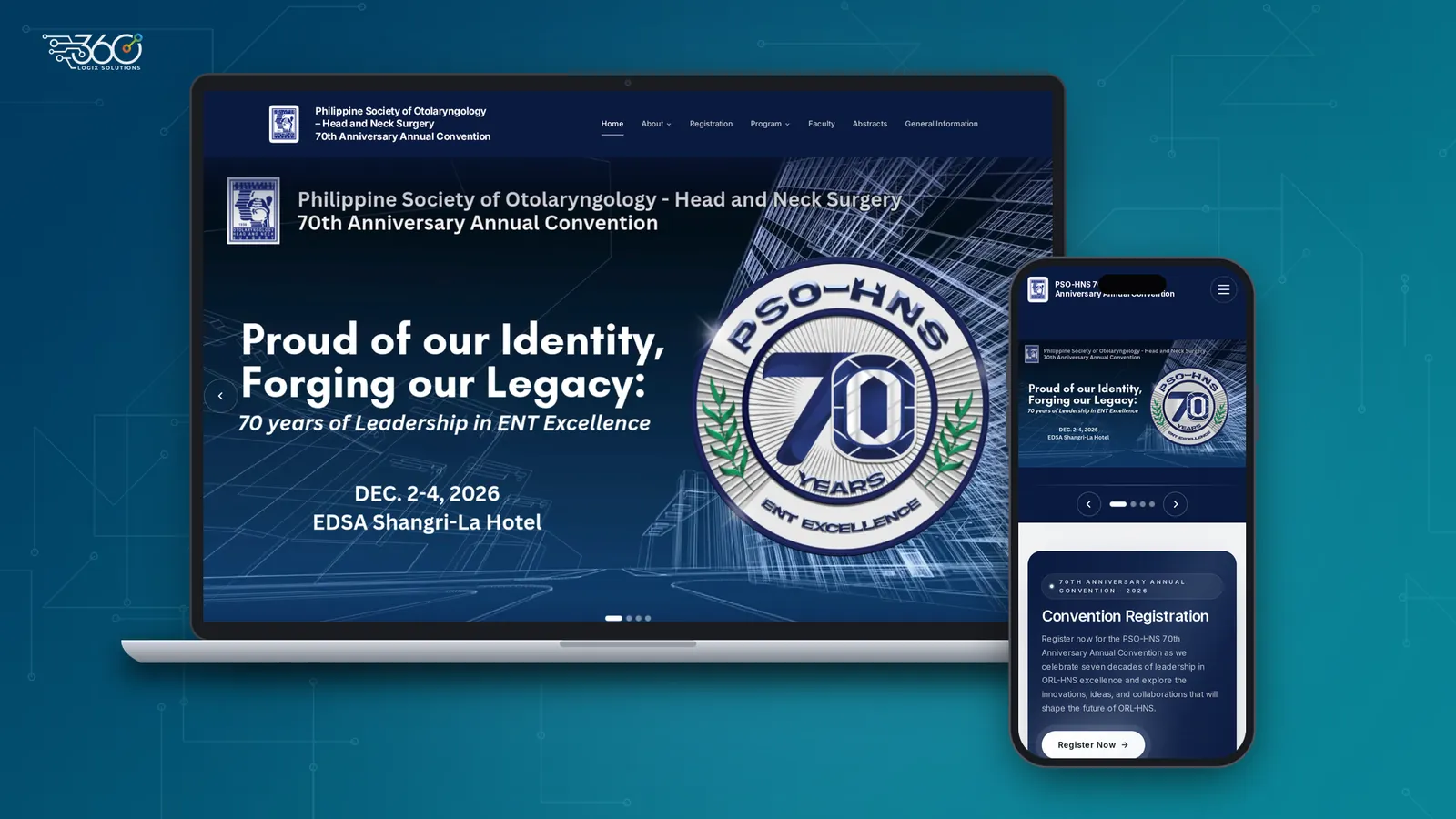 PSO-HNS 70th Anniversary Annual Convention website on a laptop and phone, showing the hero banner with the 70th anniversary logo, event dates and venue