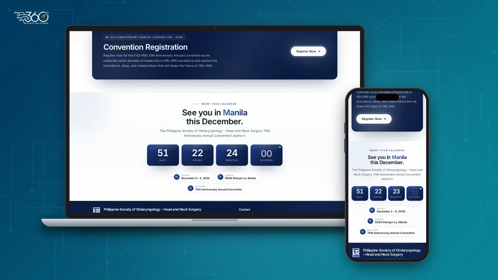 PSO-HNS convention website on a laptop and phone, showing the Convention Registration call to action and the live countdown to the December 2026 convention