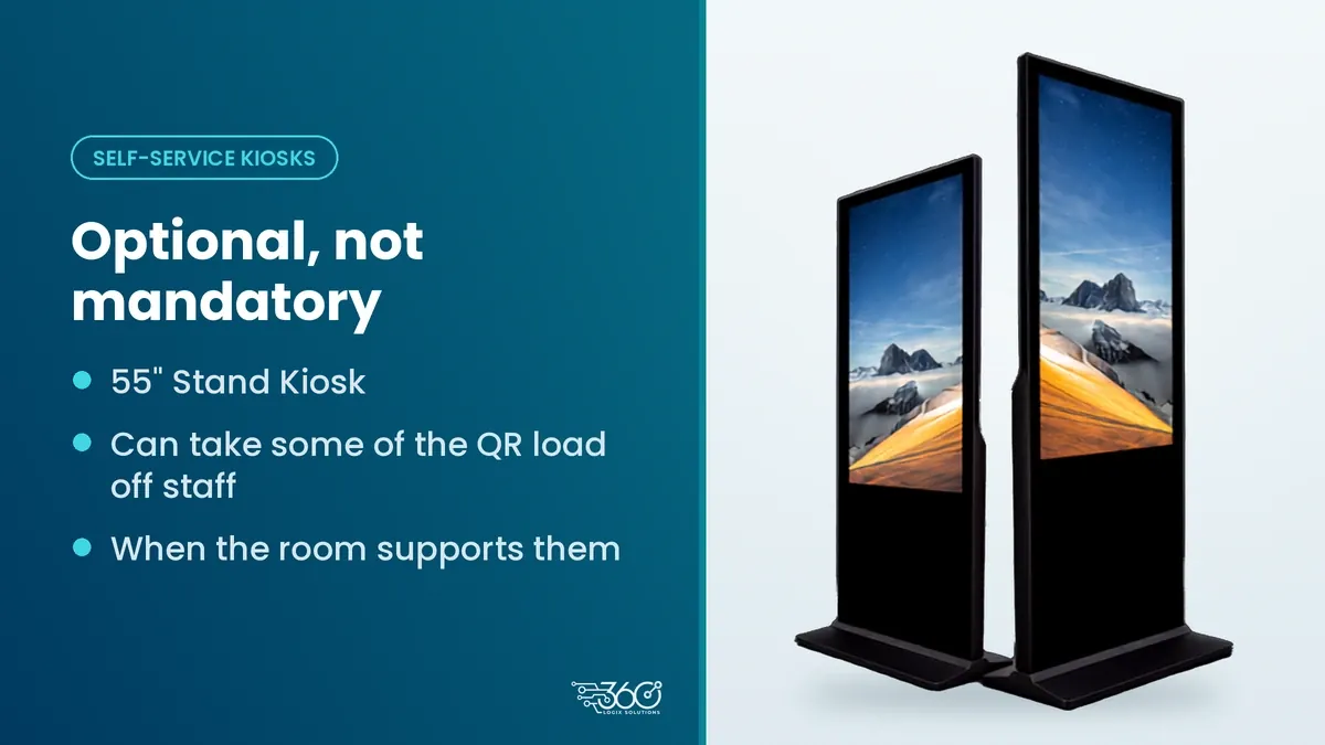 Two 55" Stand Kiosk self-service units that can take some QR check-in load off registration staff