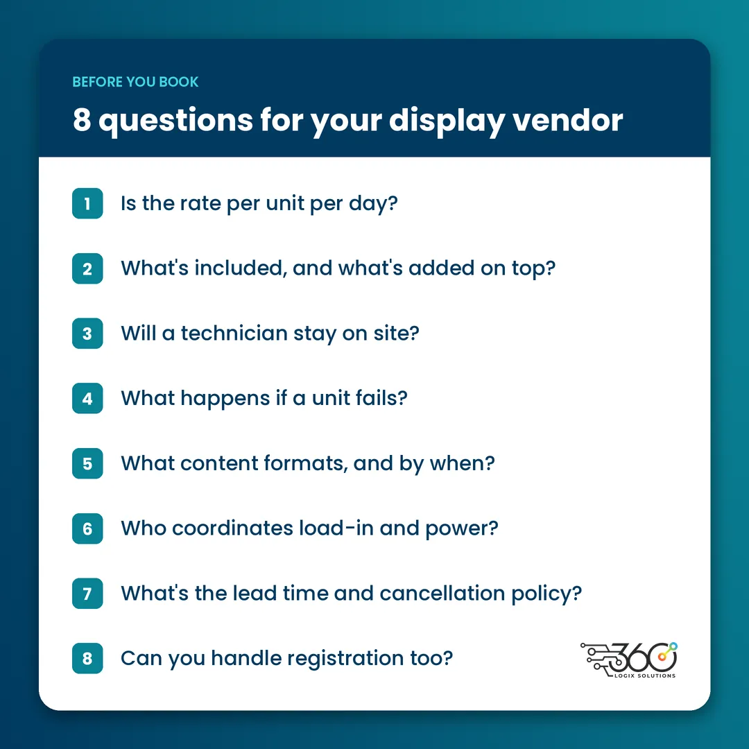Checklist of questions to ask vendors for an event display rental, from day rates to cancellation terms