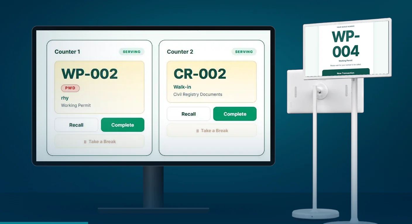 360 Logix queuing counter screen beside a Logix Vision display showing a queue ticket