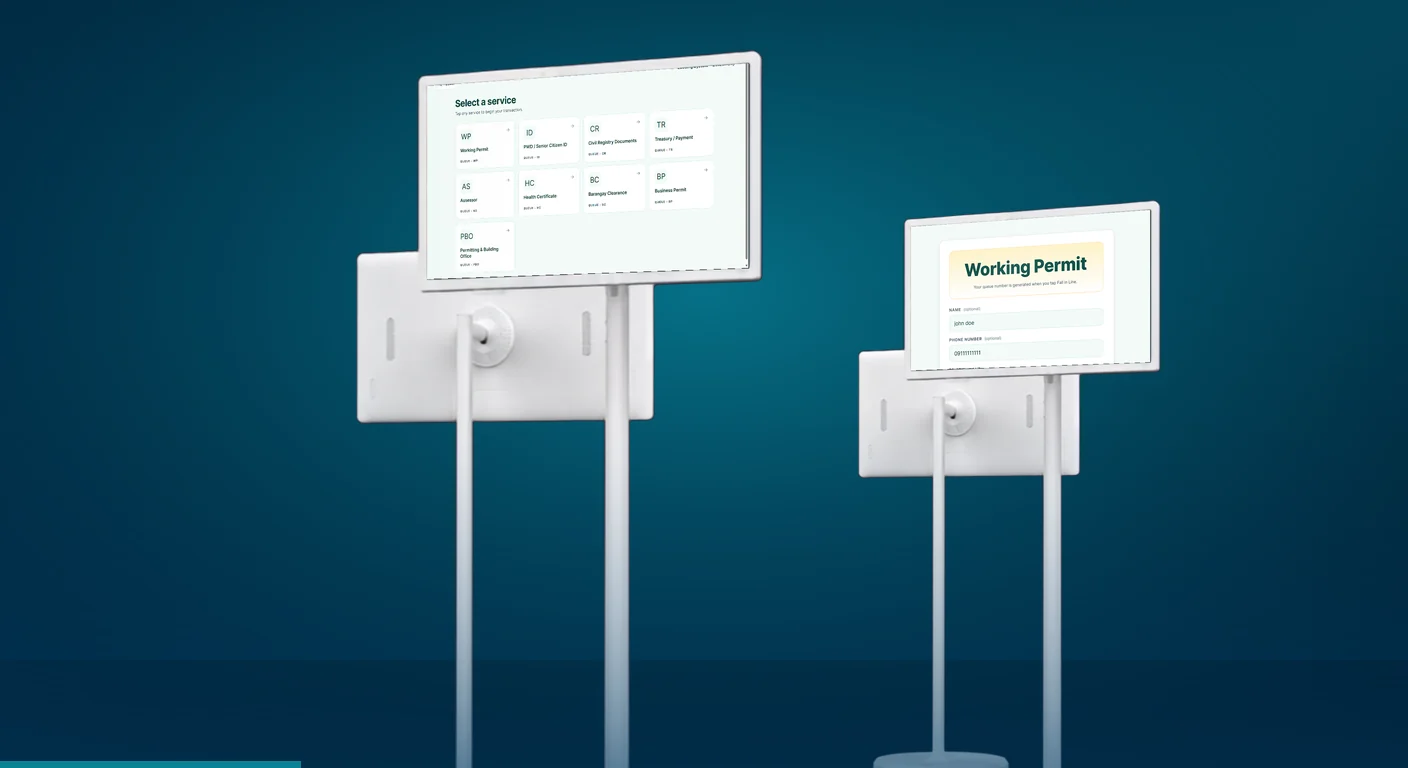 Smart queuing system on Logix Vision rolling touch displays, showing service selection and a details form