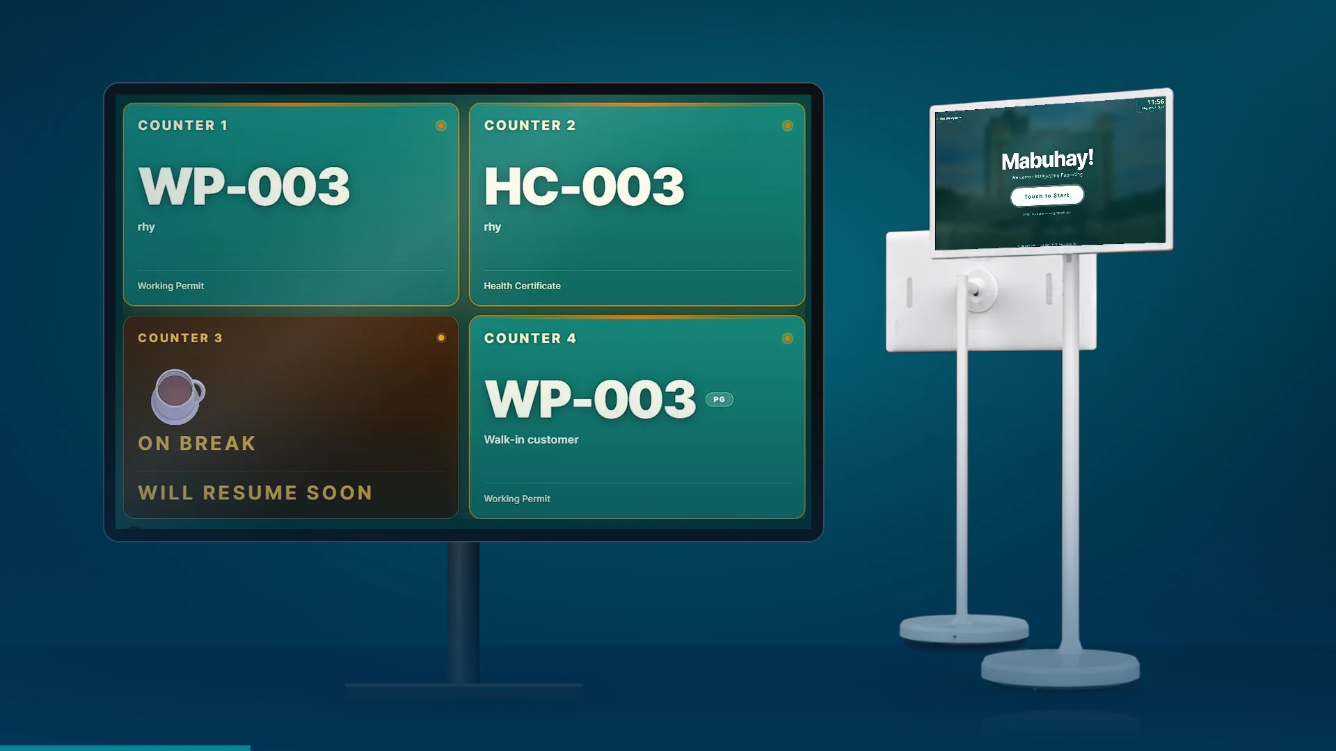 Smart queuing display showing ticket numbers per counter, beside a self-service queue kiosk