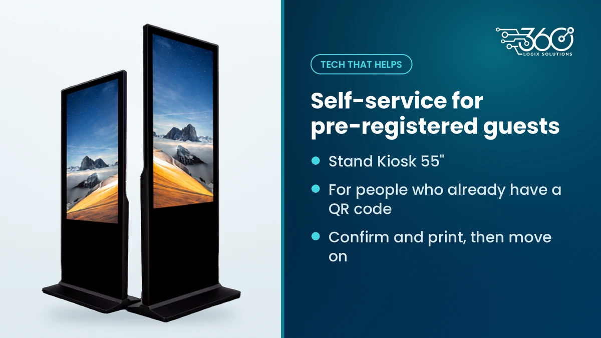 Two Stand Kiosk 55-inch self-service units for pre-registered guests who already have a QR code