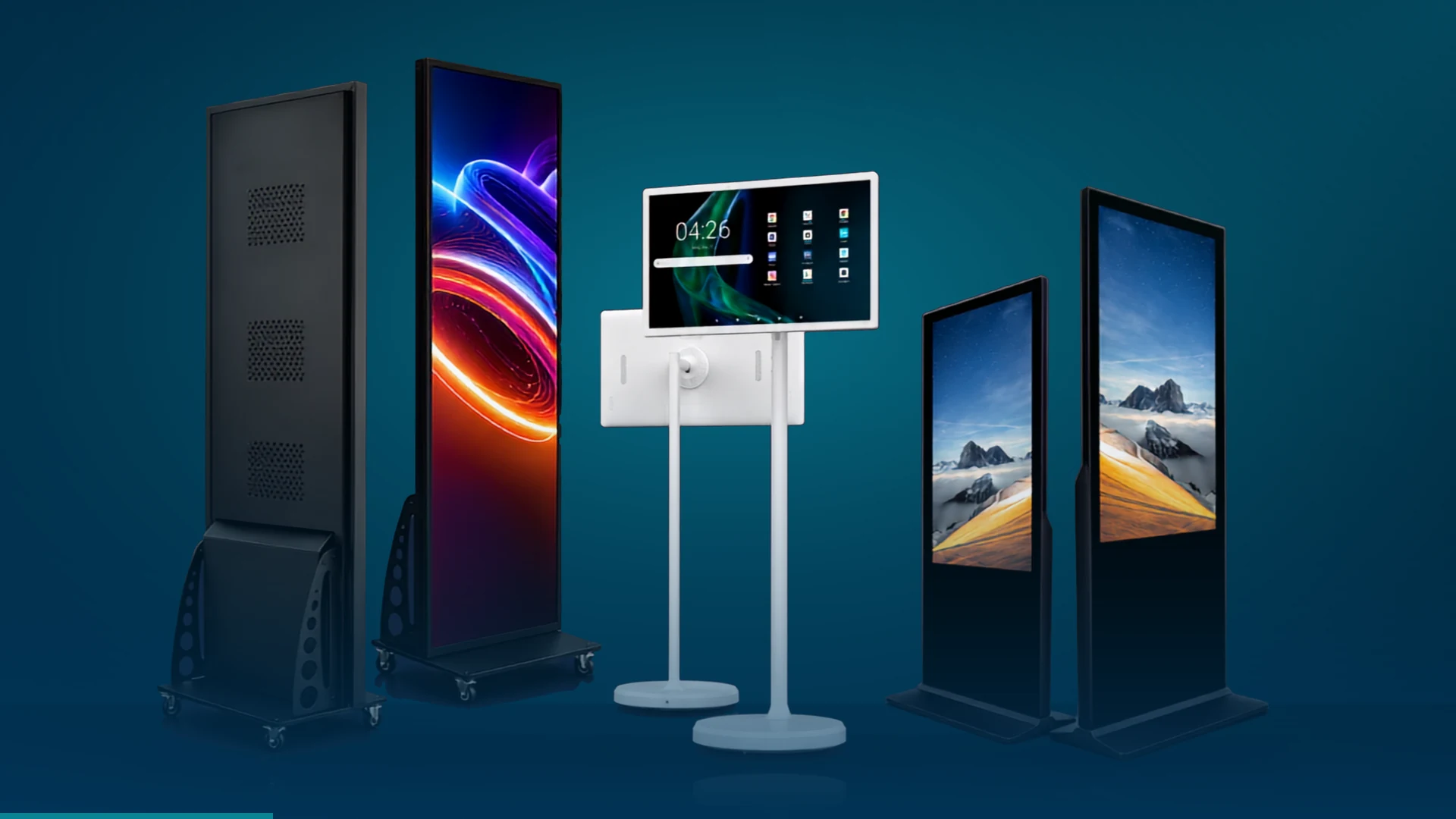 Logix Pixel LED Posters, a Logix Vision rolling touch display and Logix Stand Kiosks for event rental