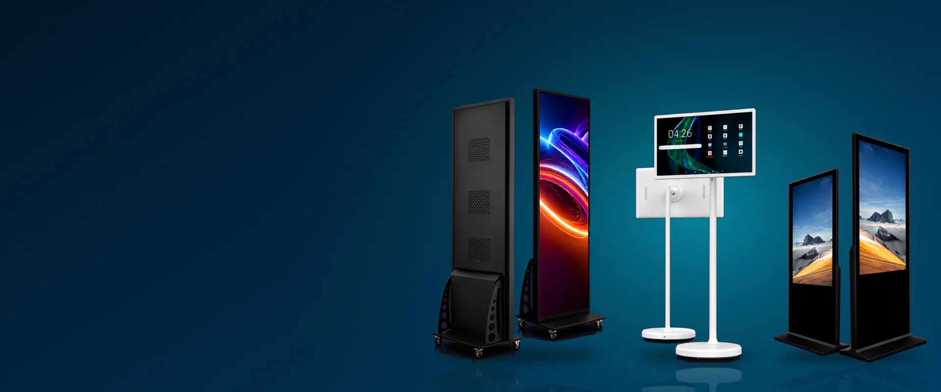 LED Posters, a rolling touch display and stand kiosks on a navy background