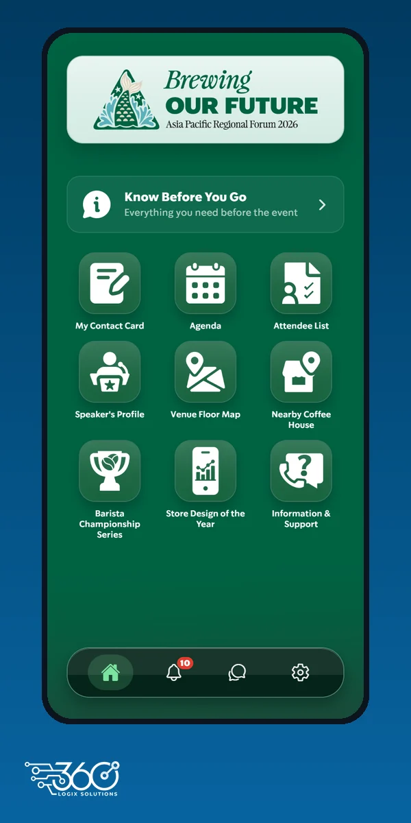 Starbucks forum event app home screen, with the 360 Logix logo