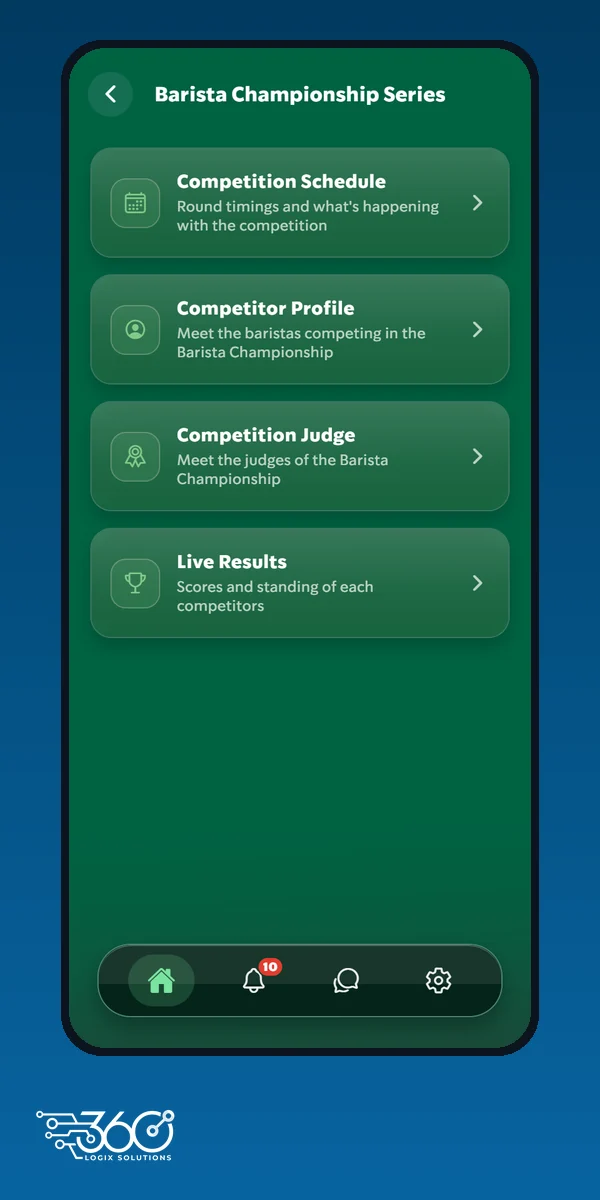 Starbucks forum event app Barista Championship Series screen, with the 360 Logix logo