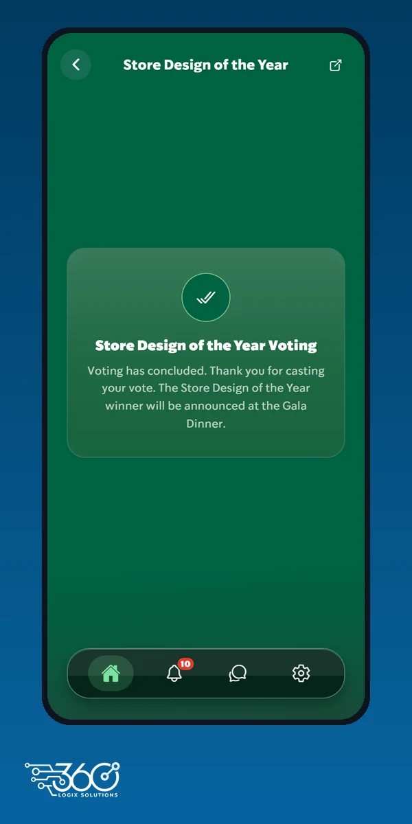 Starbucks forum event app Store Design of the Year screen, with the 360 Logix logo