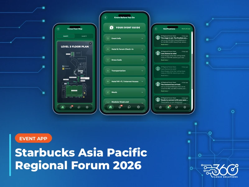 Starbucks forum event app on three phones, with the 360 Logix logo