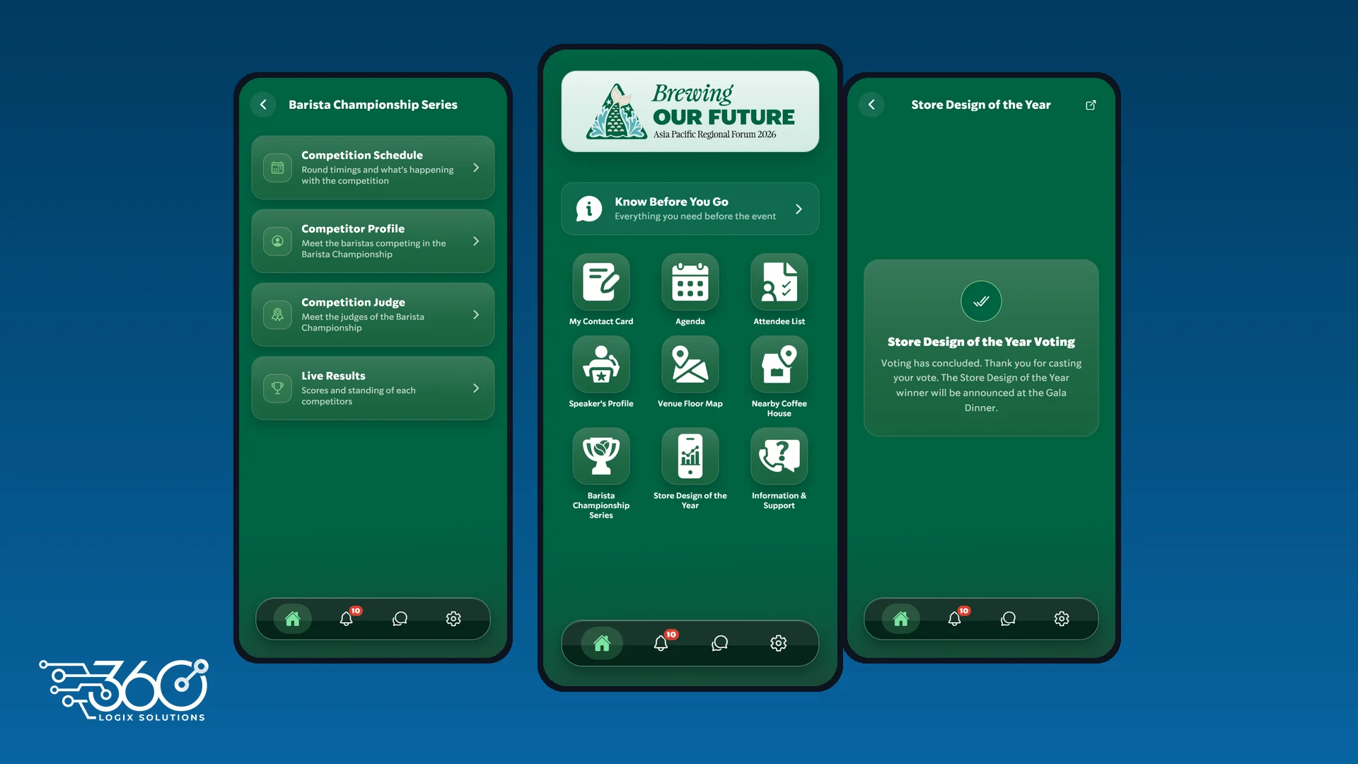 Starbucks forum event app on three phones: Barista Championship Series, home and Store Design of the Year screens, with the 360 Logix logo