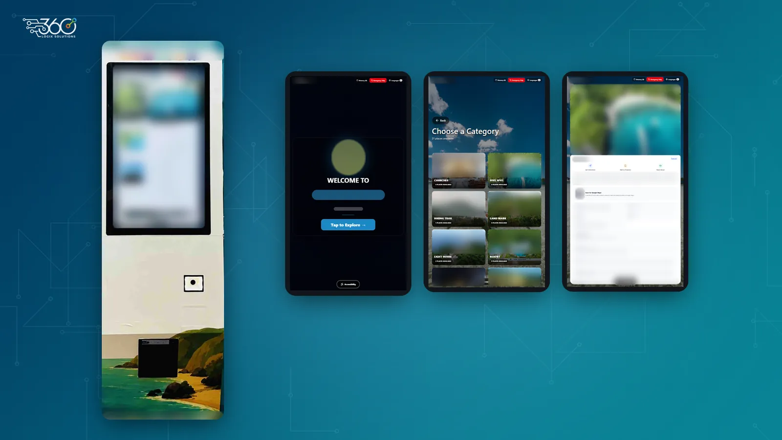 A freestanding touchscreen tourism kiosk with a scenic photo wrap, next to three of its screens: a welcome screen with a Tap to Explore button, a category menu, and a place details page