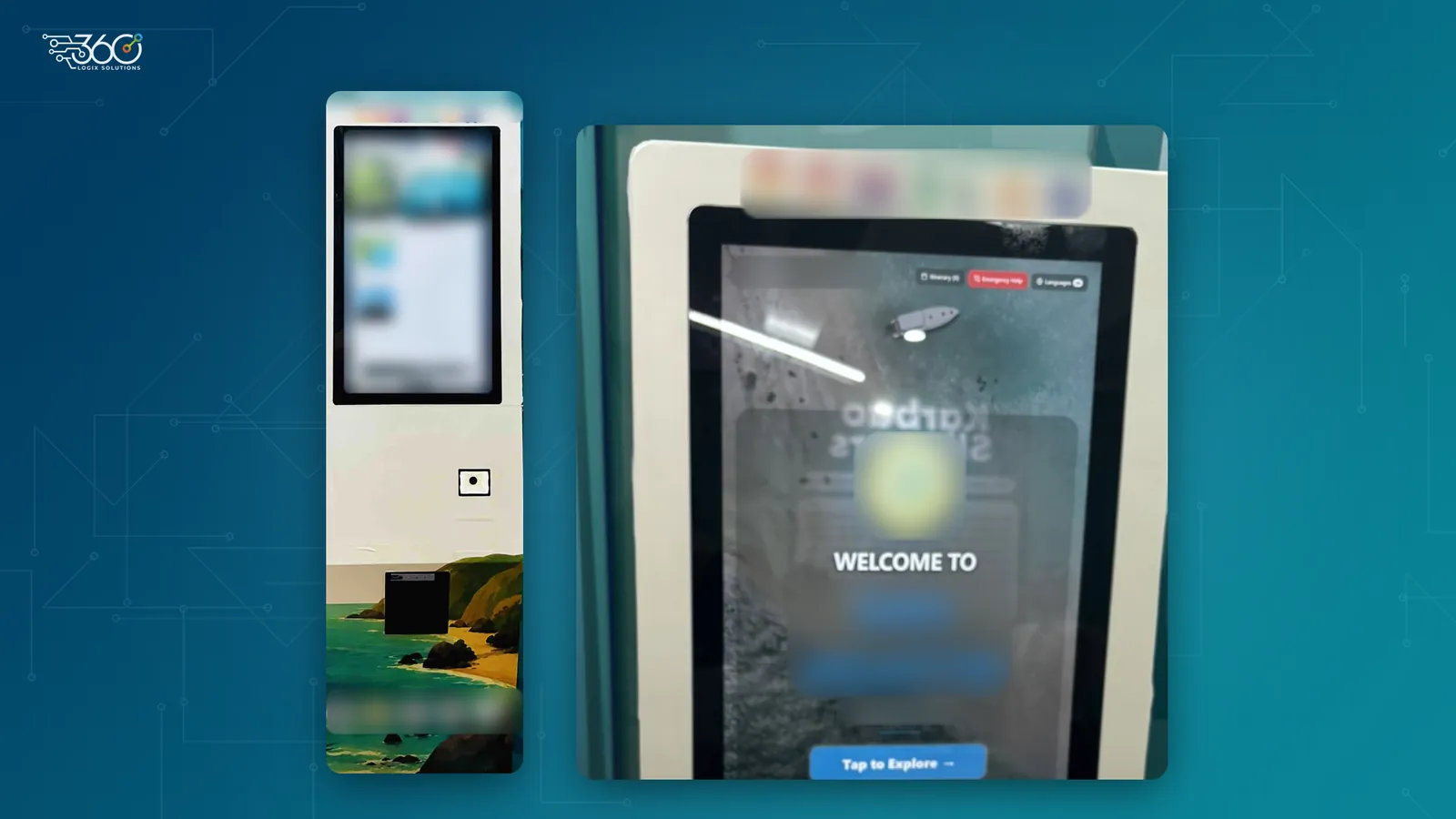 Two photos of a tourism kiosk at an event: the full freestanding kiosk with a scenic photo wrap, and a close-up of its welcome screen with a Tap to Explore button