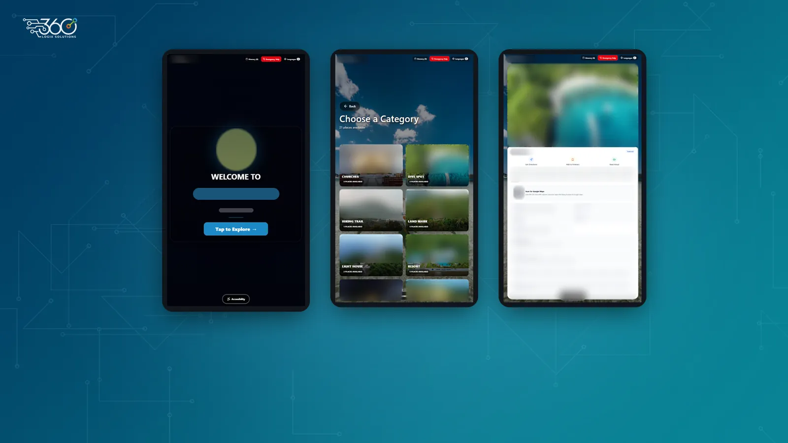 Three tourism kiosk screens: a welcome screen, a category menu with churches, hiking trails, landmarks, resorts and more, and a place details page with directions, itinerary and read-aloud buttons