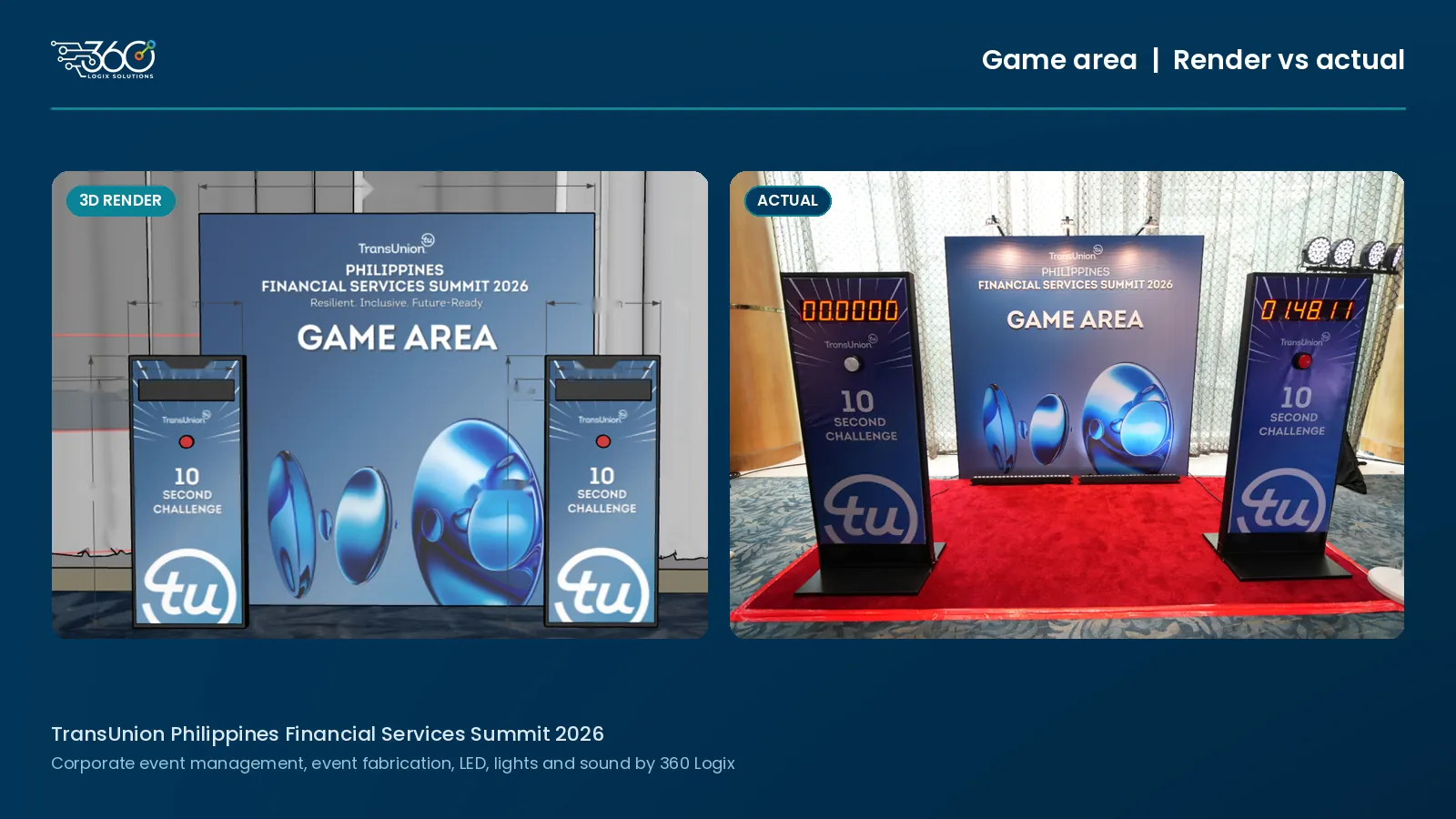 3D render and actual build side by side of the 10 Second Challenge game area for the TransUnion summit, event fabrication by 360 Logix.