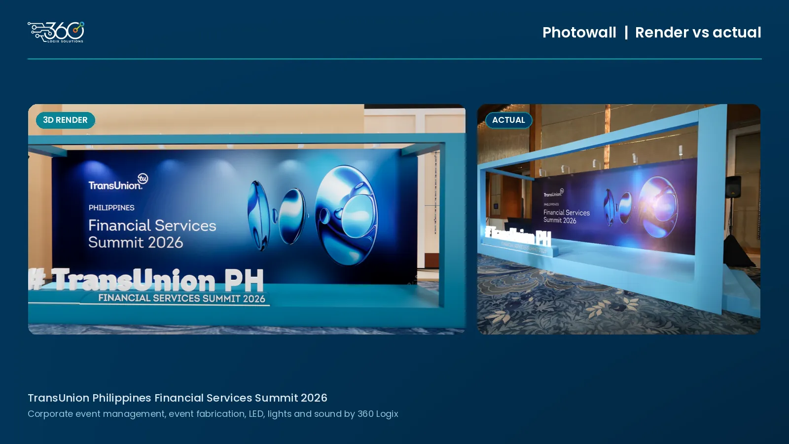 3D render vs actual photowall with a framed summit backdrop and 3D letters, event fabrication by 360 Logix.