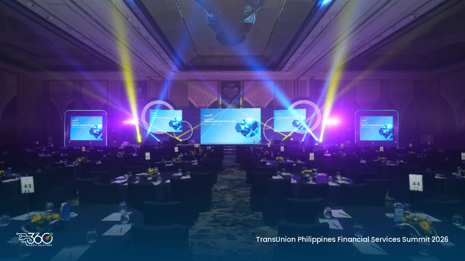 Ballroom stage for the 2026 TransUnion Philippines Financial Services Summit, Sep 2, 2026, with LED screens, moving-head lights and themed stage set, delivered by 360 Logix corporate event management.