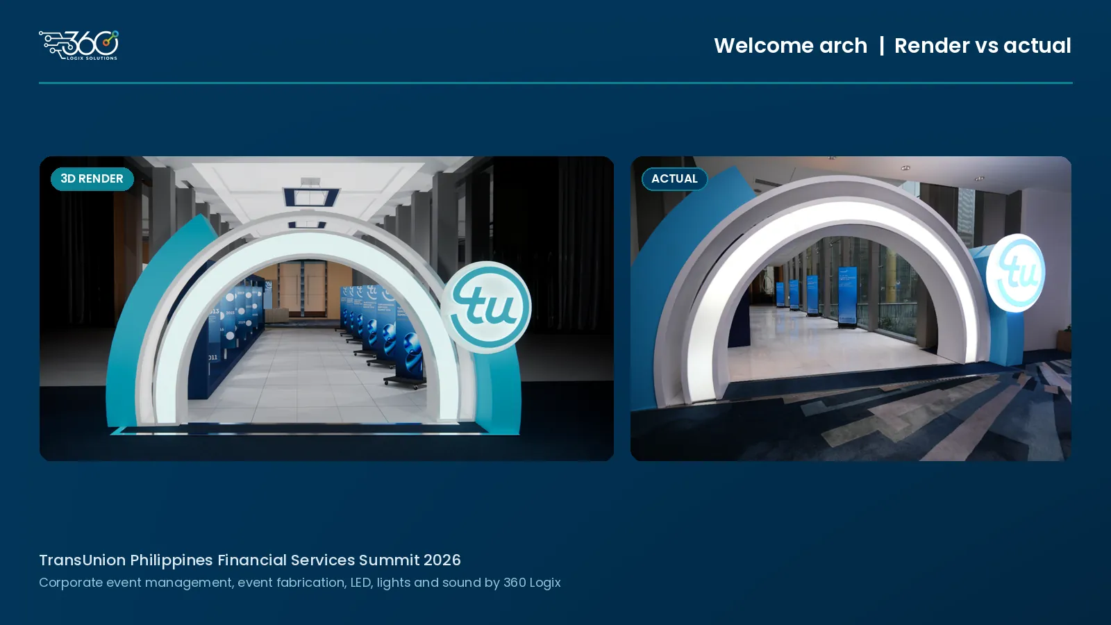 3D render and actual lit welcome arch for the TransUnion summit, from design to build.