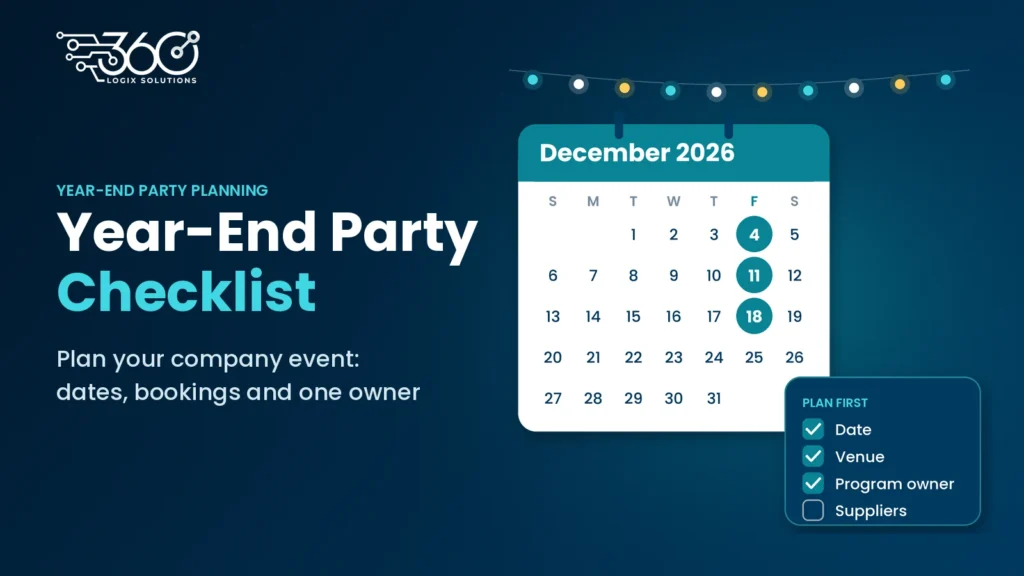 Year-end party checklist: December calendar with three Fridays circled beside a planning checklist card